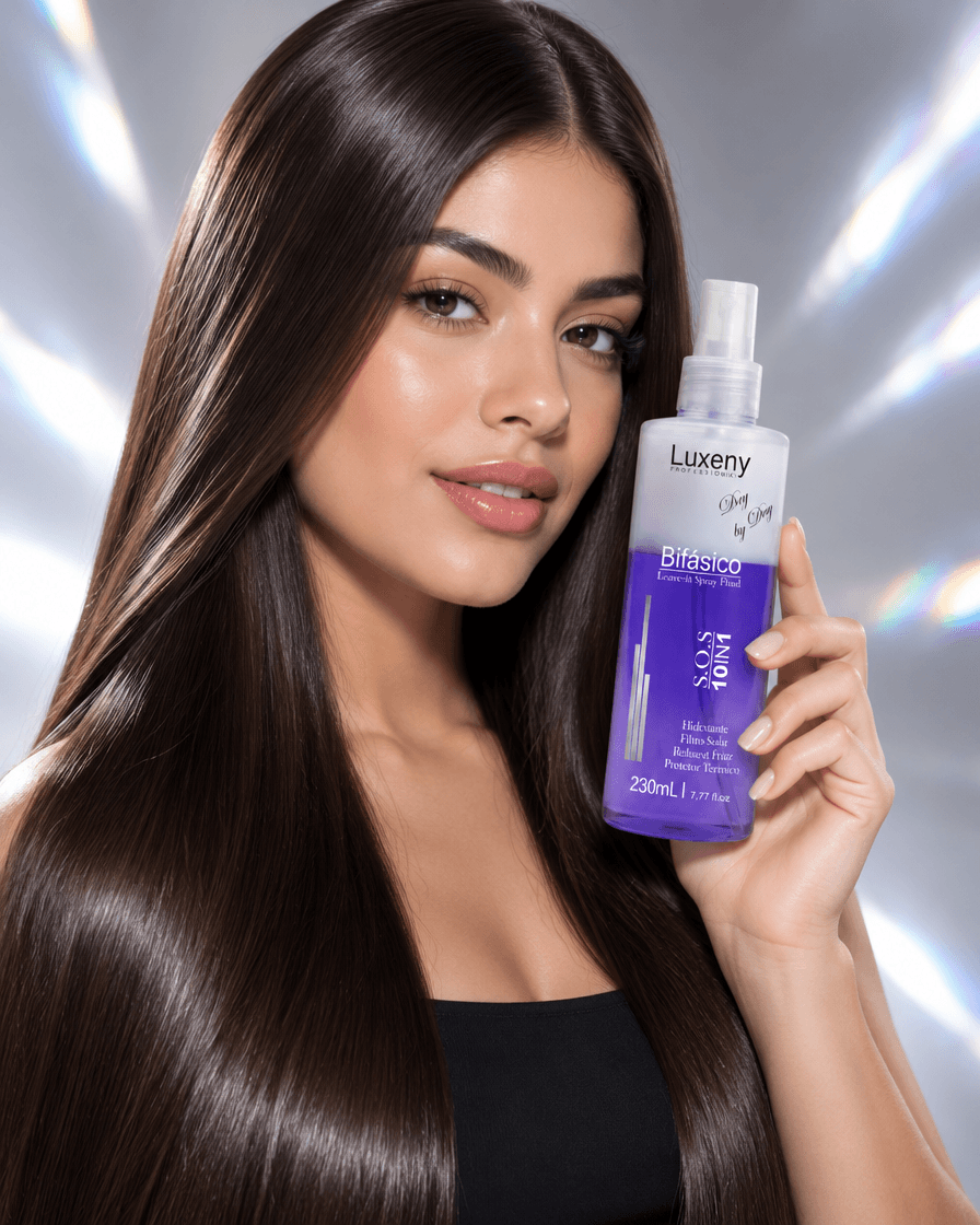 Mujer con el pelo brillante sosteniendo el Spray Bifásico Luxeny
