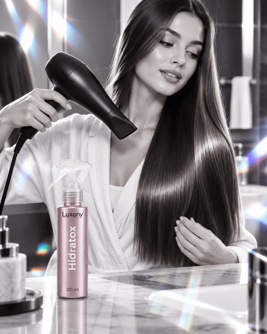 Mujer secando el pelo hacia abajo con Hidratox en primer plano