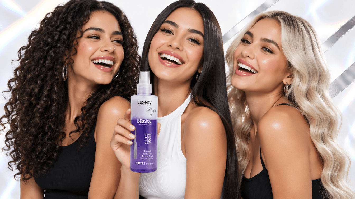 Tres chicas con pelo rizado, liso y rubio riendo, una con el Spray Bifásico