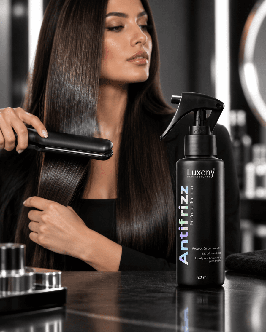 Plancha de pelo con el Protector Térmico Antifrizz en primer plano