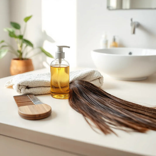 Aceite hidratante para el cabello con toalla suave y peine en un tocador de baño