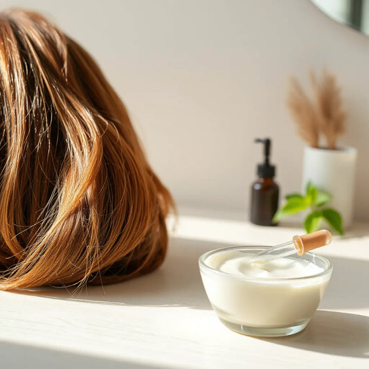 Cabello brillante y suave con una mascarilla cremosa y gotero de suero sobre un fondo neutro