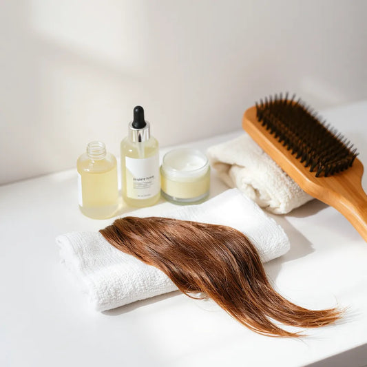 Botellas de tratamiento capilar, cepillo de madera y cabello suave sobre una toalla junto a un tocador limpio.