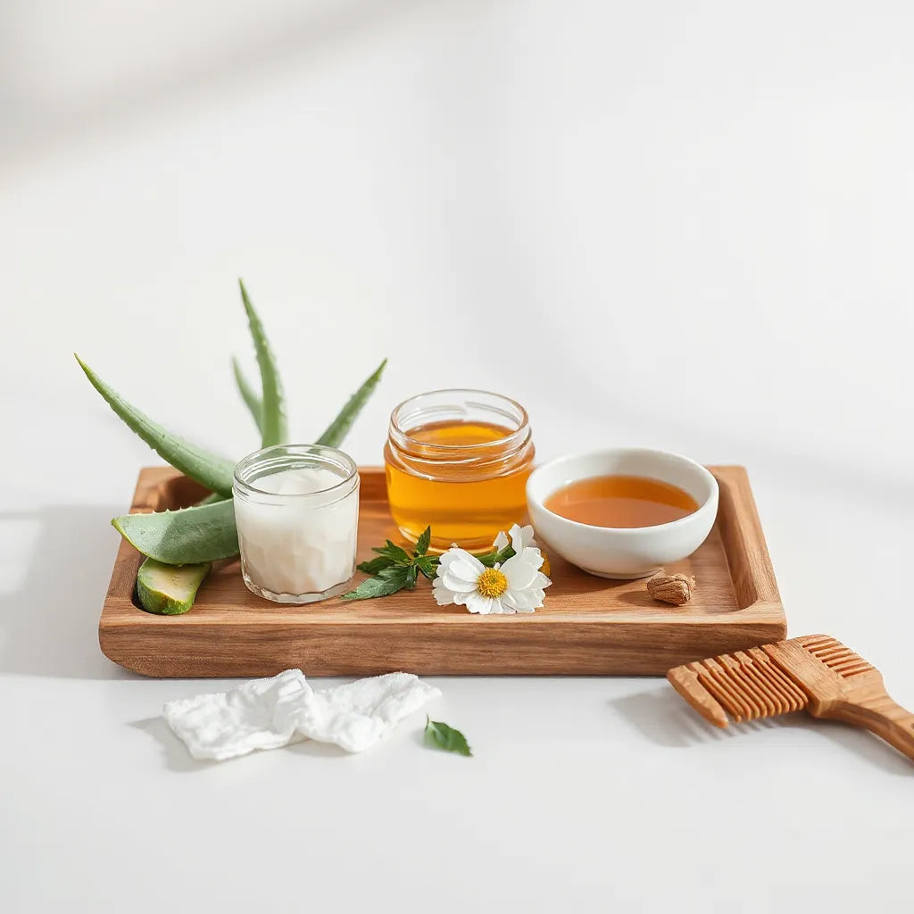 Bandeja con ingredientes naturales para preparar mascarillas capilares: aloe, aceite de coco, miel y manzanilla