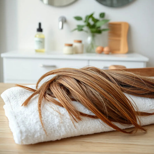 Cabello con puntas secas y frizz sobre una toalla blanca, acompañado de un peine de madera