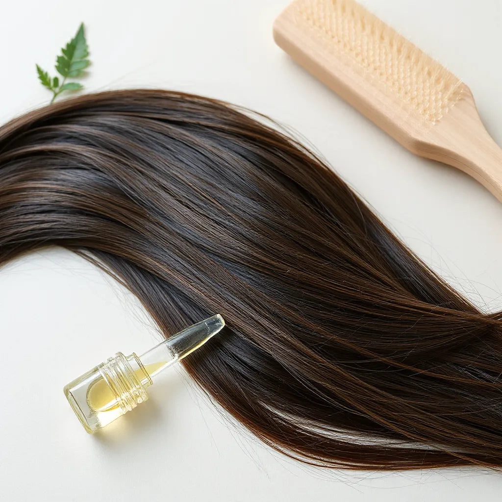 Mechas de cabello con aspecto dañado y un sérum para ayudar a la reparación y suavidad