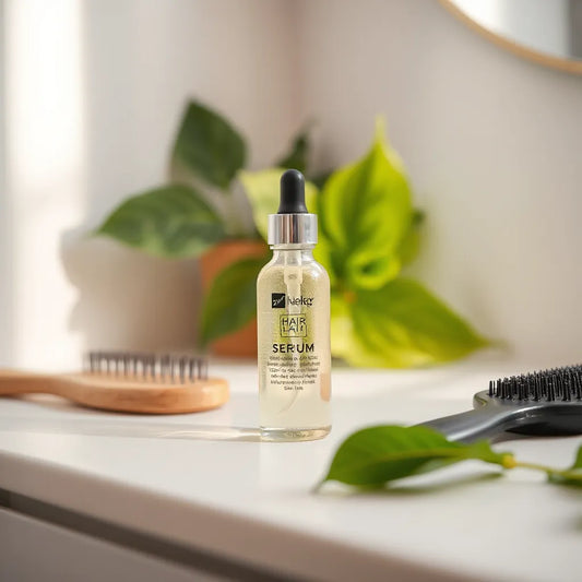 Botella de gotero con serum para cabello sobre un tocador blanco, con cepillo y hojas al fondo desenfocadas