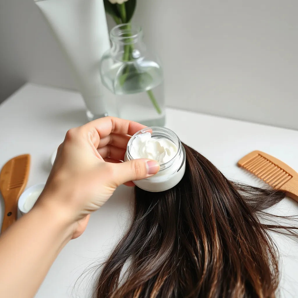 Mano aplicando una mascarilla hidratante sobre cabello húmedo con peine de madera y frasco al fondo.