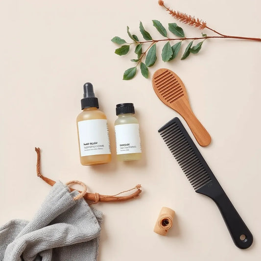 Conjunto de productos de reparación capilar con peine de dientes anchos y toalla suave sobre fondo claro