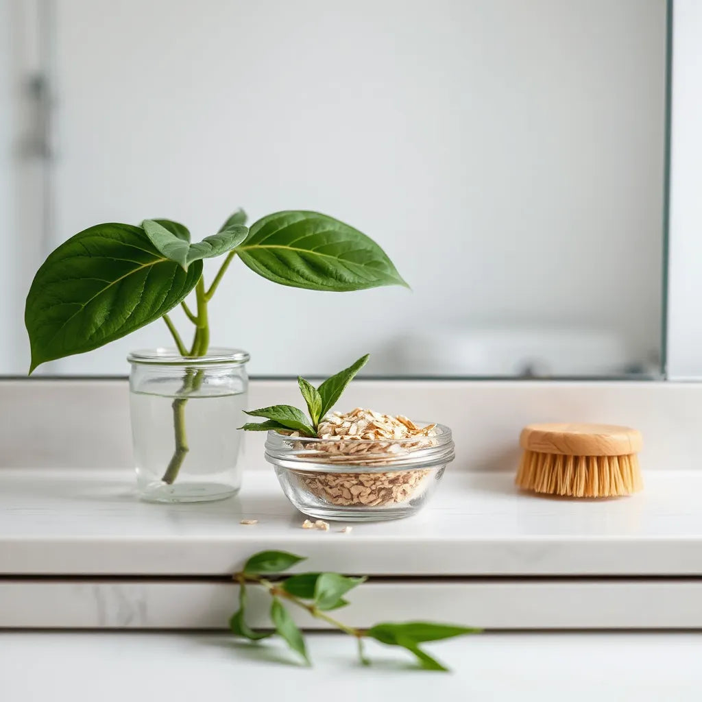 Ingredientes naturales veganos para cuidado capilar junto a una brocha de madera y un toque de hojas verdes