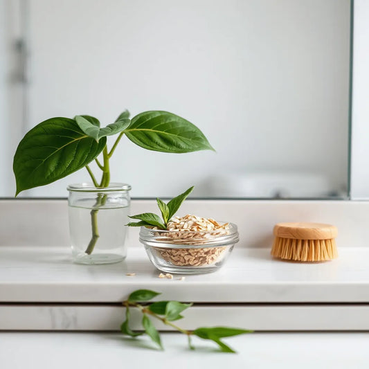 Ingredientes naturales veganos para cuidado capilar junto a una brocha de madera y un toque de hojas verdes