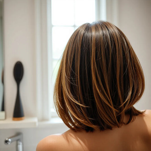 Cabello con brillo y apariencia saludable, con luz natural y peine desenfocado al fondo