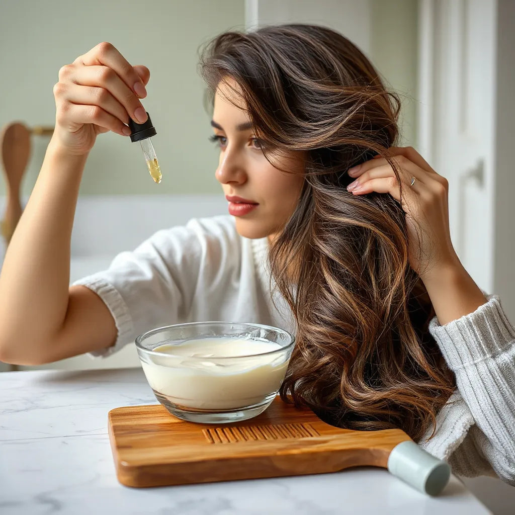 Mujer aplicando un tratamiento hidratante para cabello seco con un peine y mascarilla cremosa