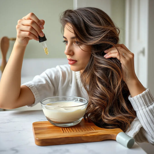 Mujer aplicando un tratamiento hidratante para cabello seco con un peine y mascarilla cremosa