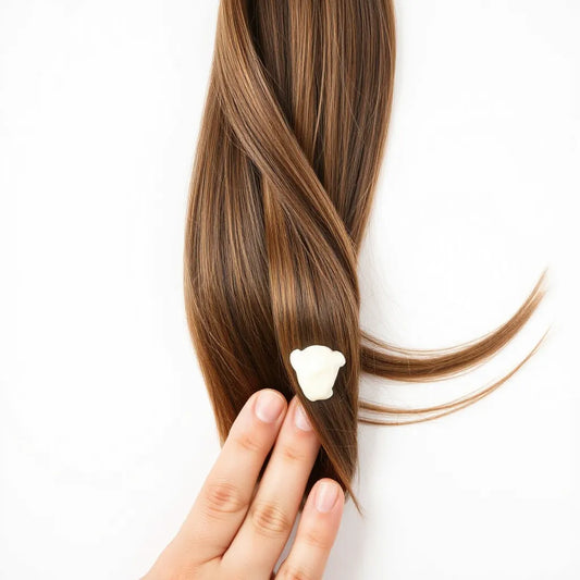 Cabello brillante con la fibra alisada y tratamiento cremoso aplicado suavemente en las puntas