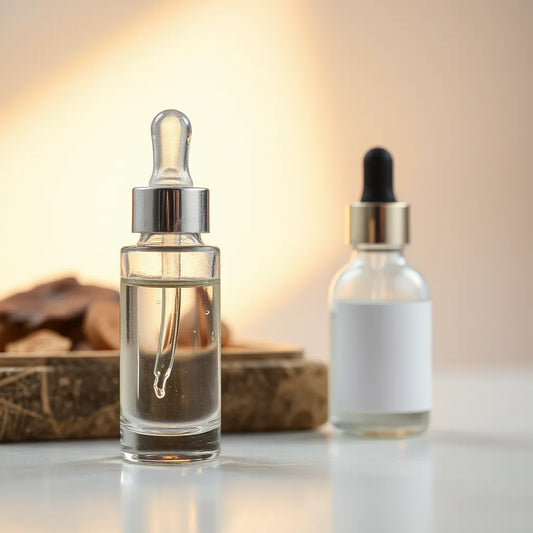 Gotero de vidrio con suero transparente junto a un vial, con iluminación cálida y fondo neutro