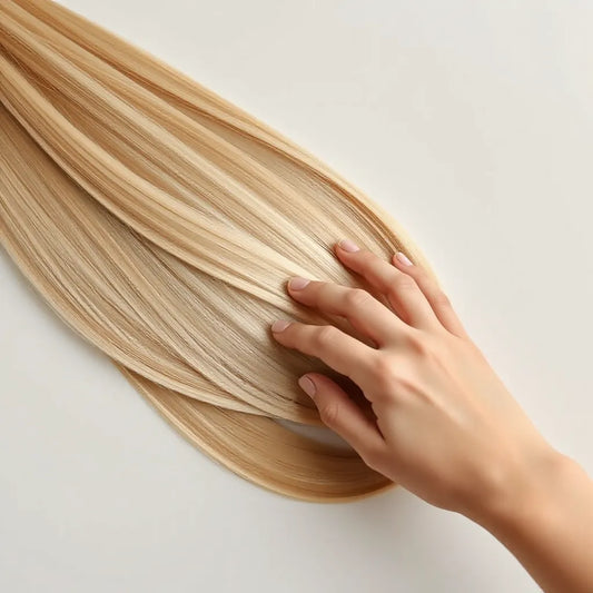 Cabello liso y brillante con mechones sedosos, con una mano peinándolos suavemente