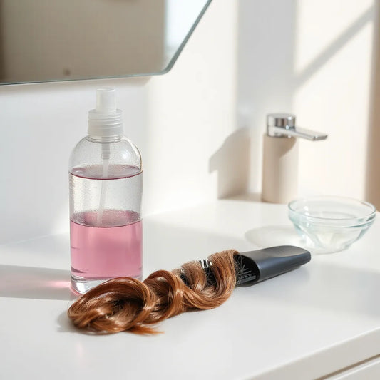 Spray bifásico para el cabello sobre un tocador con cepillo y mechones para un acabado brillante y suave
