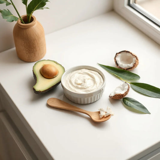 Cuenco con mascarilla capilar cremosa vegana y cucharón de madera sobre encimera con ingredientes naturales