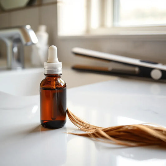 Gotas de protector térmico sobre mechones de cabello junto a una plancha de pelo desenfocada