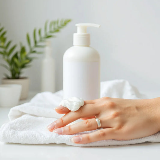 Shampoo en espuma cremosa y mechones de cabello con aspecto saludable sobre una toalla blanca