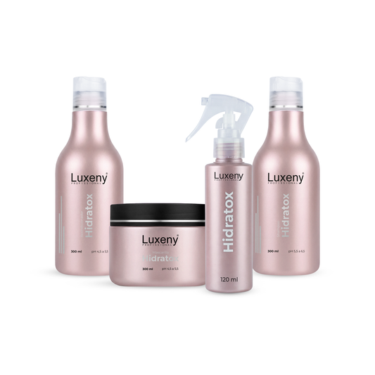 Kit Profesional Hidratox Luxeny: shampoo 300 ml, acondicionador 300 ml, mascarilla 300 ml y Hidratox leave-in 120 ml